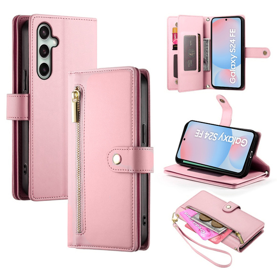 Klapkové puzdro pre Samsung Galaxy S24 FE, Wallet Zipper Pocket, ružové