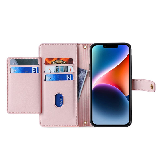 Klapkové puzdro pre iPhone 14, Wallet Zipper Pocket, ružové