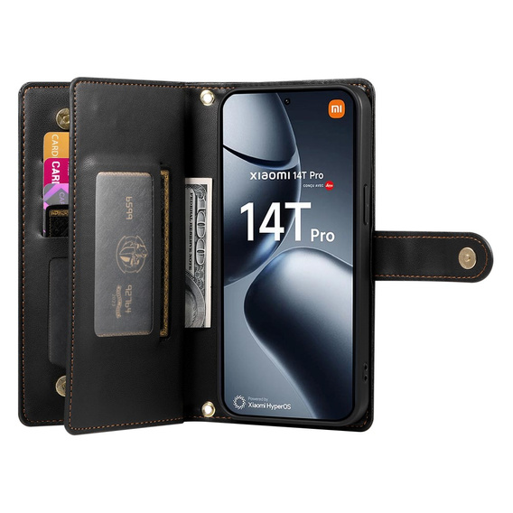 Klapkové puzdro pre Xiaomi 14T Pro, Wallet Zipper Pocket, čierne