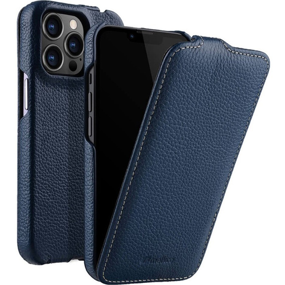 MELKCO flipové puzdro pre iPhone 14 Pro, kožené, flipové, tmavomodré
