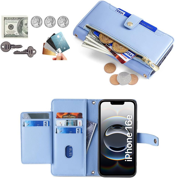 Klapkové puzdro pre iPhone 16E, Wallet Zipper Pocket, modré