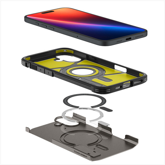 Puzdro Spigen pre iPhone 16, Tough Armor Mag MagSafe, sivé + tvrdené sklo 9H