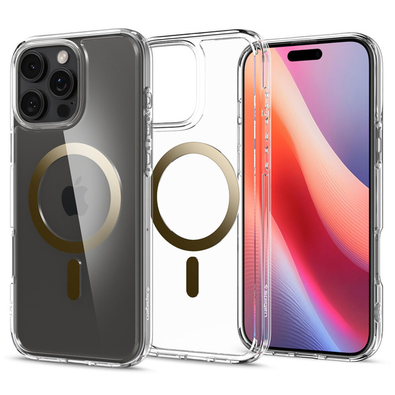Puzdro MagSafe Spigen pre iPhone 16 Pro, Ultra Hybrid, priehľadné / zlaté + tvrdené sklo 9H