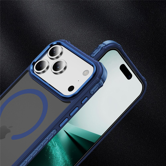 Matné puzdro pre iPhone 17 Pro, pancierované, pre MagSafe, dymové s modrými bokmi