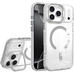 Puzdro pre iPhone 17 Pro Max, pre MagSafe, so stojanom, priehľadné so sivými vložkami