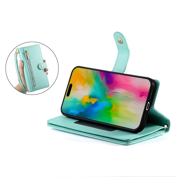 Klapkové puzdro pre iPhone 16 Pro, Wallet Zipper Pocket, zelený