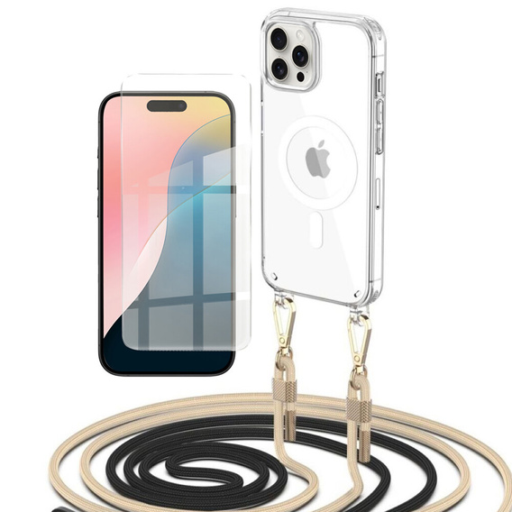 Puzdro so šnúrkou pre iPhone 16 Pro, ERBORD MagSafe, priehľadné + sklo na displej