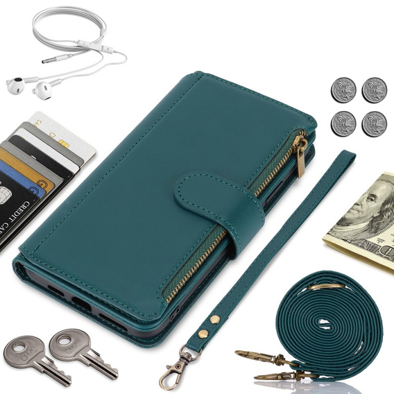 Klapkové puzdro pre Samsung Galaxy S24 Ultra, Wallet Zipper Pocket RFID, s popruhom cez rameno, čierne