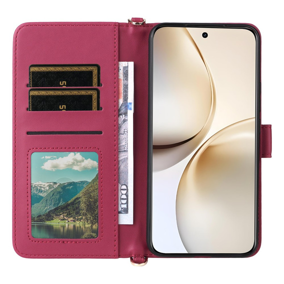 Puzdro s chlopňou pre Realme 14 Pro+ 5G, Crossbody Leather Wallet, tmavoružová
