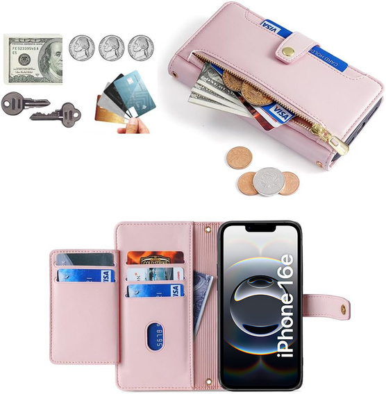Klapkové puzdro pre iPhone 16E, Wallet Zipper Pocket, ružové
