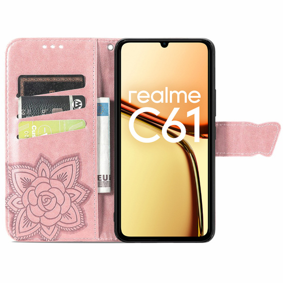 Klapkové puzdro pre Realme C61, Butterfly, ružové rose gold