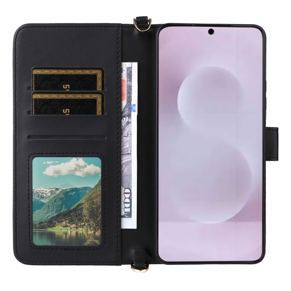 Puzdro s chlopňou pre Samsung Galaxy S25 Edge, Crossbody Leather Wallet, čierne