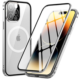 Magnetické puzdro Dual Glass MagSafe pre iPhone 14 Pro Max, strieborné