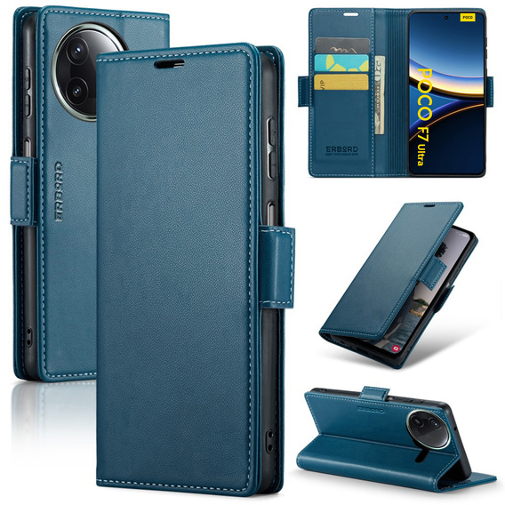 Puzdro pre Xiaomi Poco F7 Ultra, ERBORD Glossy Litchi, flipová peňaženka, modré
