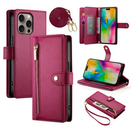 Klapkové puzdro pre iPhone 16 Pro Max, Wallet Zipper Pocket, červené
