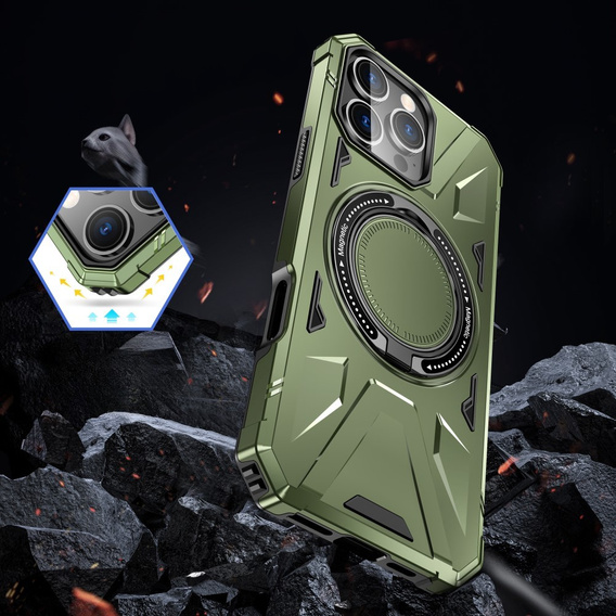 Puzdro pre iPhone 16 Pro Max, pancierované so stojanom a rukoväťou, zelený