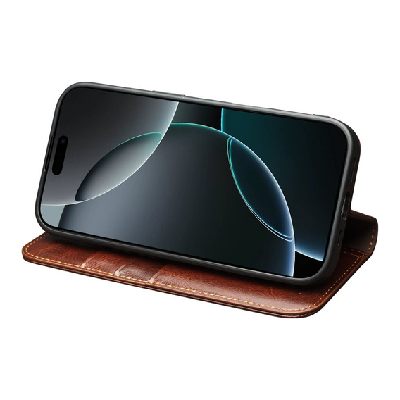 QIALINO Flipové puzdro z pravej hovädzej kože pre iPhone 17 Pro Max, hnedé