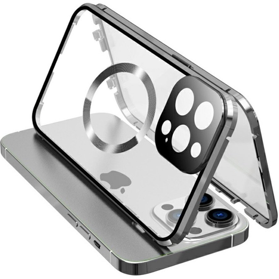 Magnetické puzdro Dual Glass MagSafe pre iPhone 15 Pro, strieborné