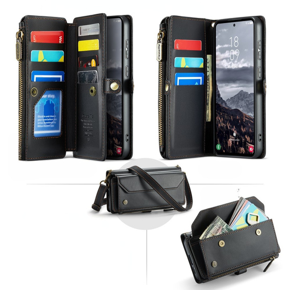 Puzdro CASEME pre Samsung Galaxy S24 FE, RFID Leather Wallet, s popruhom cez rameno, čierne