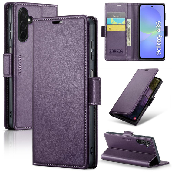 Puzdro pre Samsung Galaxy A36, ERBORD Glossy Litchi, flipová peňaženka, fialové