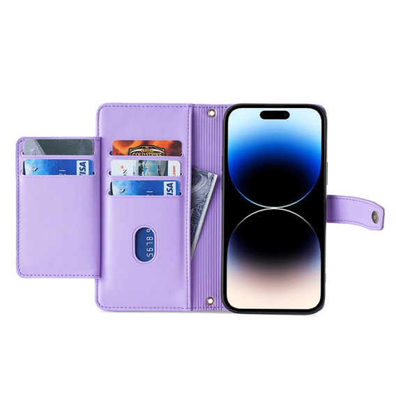 Klapkové puzdro pre iPhone 14 Pro, Wallet Zipper Pocket, fialové