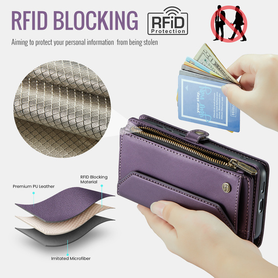 Puzdro CASEME pre Samsung Galaxy S25 FE, RFID Leather Wallet, s popruhom cez rameno, fialové