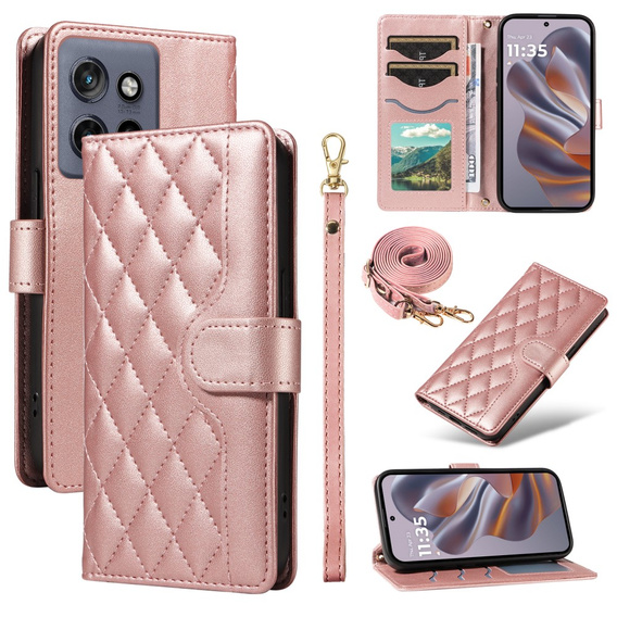 Puzdro s chlopňou pre Motorola Edge 50 Neo / Motorola ThinkPhone 25, Rhombus Crossbody Leather, ružové rose gold