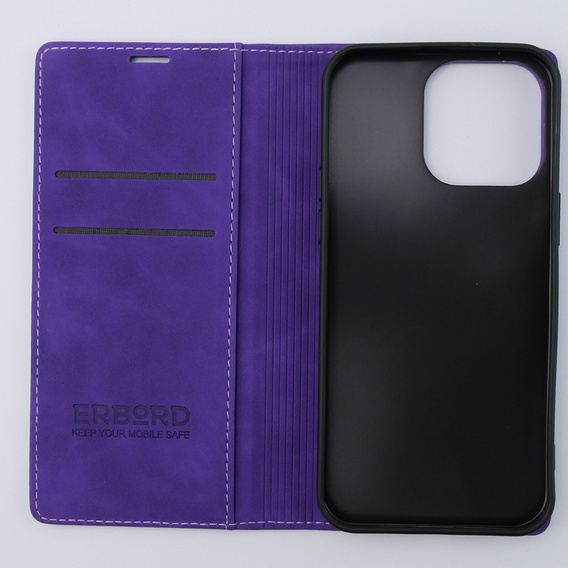 Puzdro pre iPhone 15 Pro, ERBORD Vintage, peňaženka s chlopňou, fialové