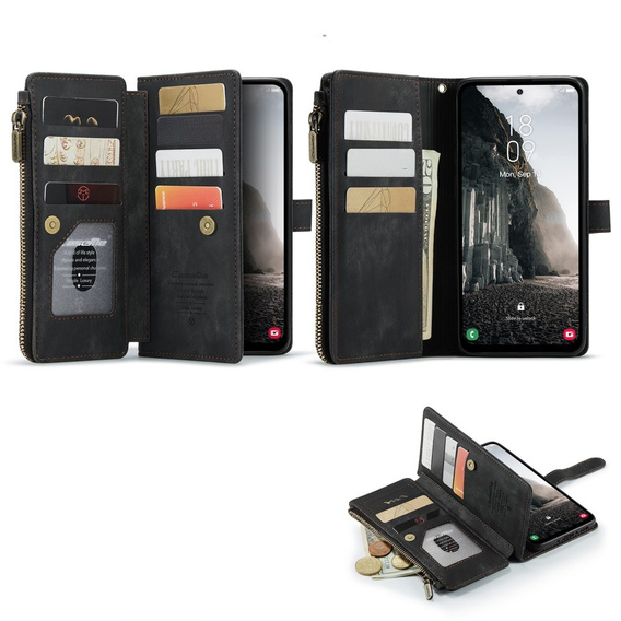 CASEME puzdro pre Samsung Galaxy A56 5G, Leather Wallet Cash and Card Slots, s remienkom, čierne