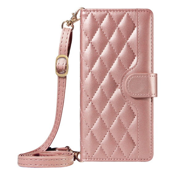 Puzdro s chlopňou pre iPhone 16E, Rhombus Crossbody Leather, ružové rose gold
