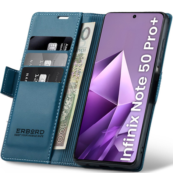 Puzdro pre Infinix Note 50 Pro+, ERBORD Glossy Litchi, flipová peňaženka, modré