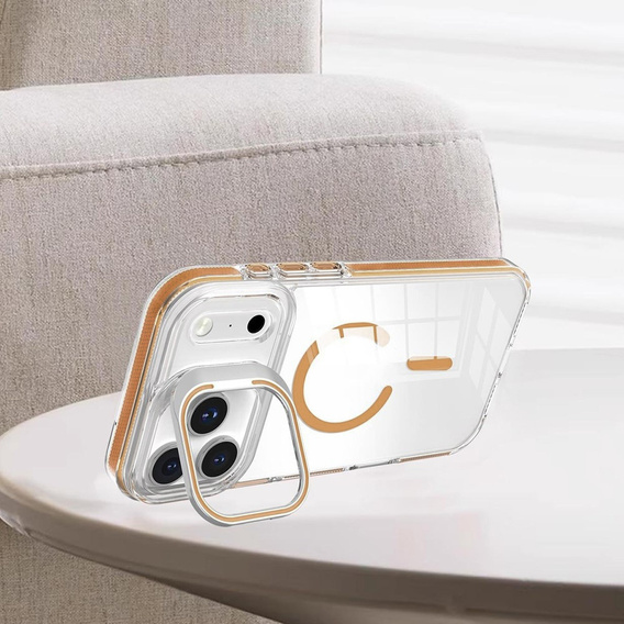 Puzdro pre iPhone 17 Pro, pre MagSafe, so stojanom, priehľadné so zlatými vložkami