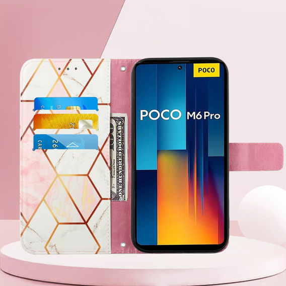 Klapkové puzdro pre Xiaomi Redmi Note 13 Pro 4G / Xiaomi Redmi Note 14S / Xiaomi Poco M6 Pro 4G, Wallet, Marble ružové