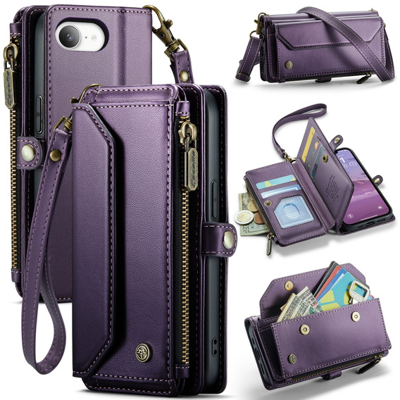 Puzdro CASEME pre iPhone16e, RFID Leather Wallet, s popruhom cez rameno, fialové