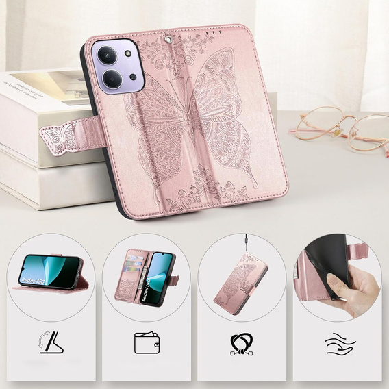 Klapkové puzdro pre Xiaomi Redmi 15C 4G/LTE, Butterfly, ružové rose gold