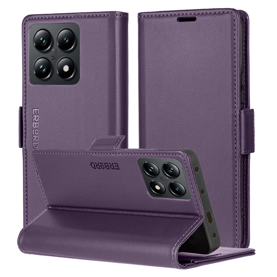 Puzdro pre Xiaomi 14T Pro, ERBORD Glossy Litchi, flipová peňaženka, fialové
