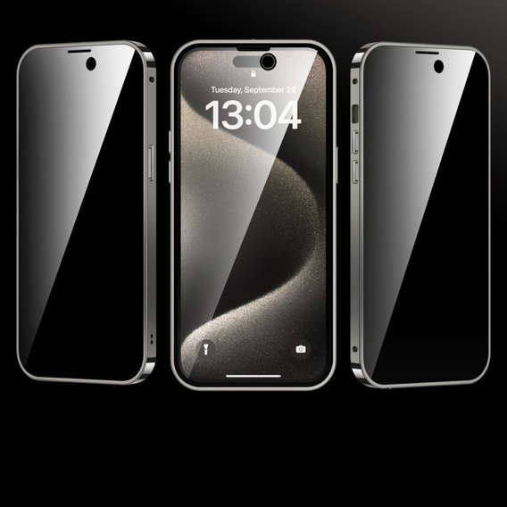 Puzdro pre iPhone 15 Pro, Privacy Dual Glass, pre MagSafe, strieborné