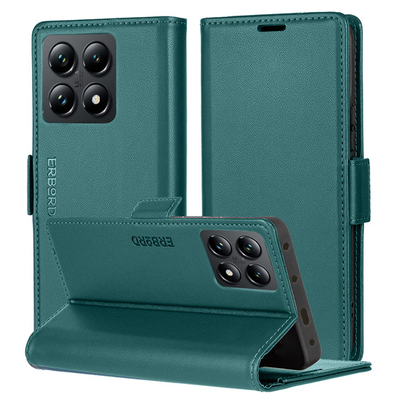 Puzdro pre Xiaomi 14T Pro, ERBORD Glossy Litchi, flipová peňaženka, zelený