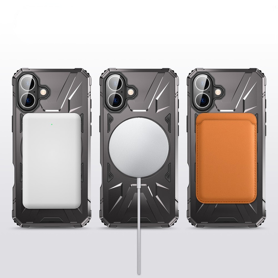 Puzdro pre iPhone 16, pancierované so stojanom a rukoväťou, sivé