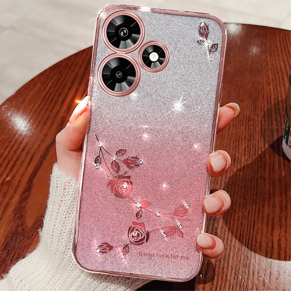 Puzdro pre Infinix Hot 30, Glitter Flower, ružové rose gold