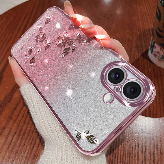 Puzdro pre iPhone 16, Glitter Flower, ružové rose gold