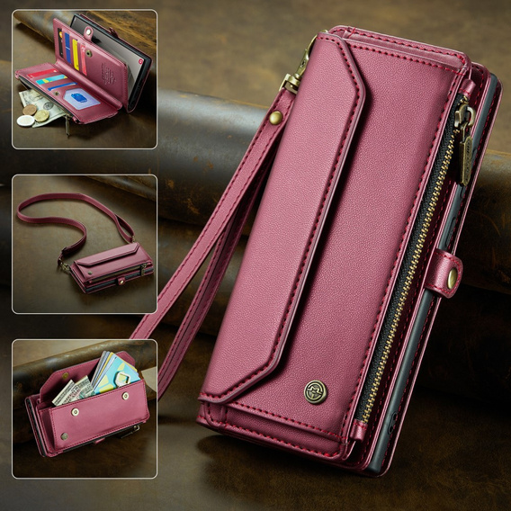 Puzdro CASEME pre Samsung Galaxy S25 Ultra, RFID Leather Wallet, s popruhom cez rameno, červené