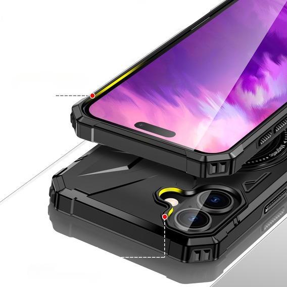 Puzdro pre iPhone 16, pancierované so stojanom a rukoväťou, čierne