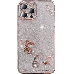 Puzdro pre iPhone 13 Pro, Glitter Flower, ružové rose gold