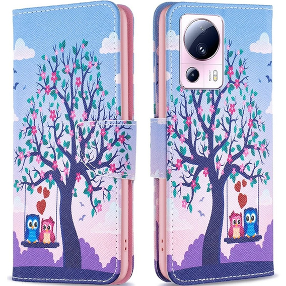 Klapkové puzdro pre Xiaomi 13 Lite, Wallet, tree & owls, modré