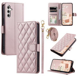 Puzdro s chlopňou pre Samsung Galaxy S25, Rhombus Crossbody Leather, ružové rose gold
