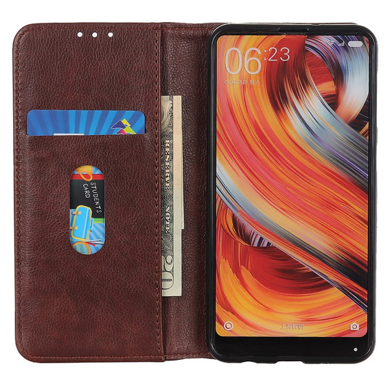 Obal na mobil pre Xiaomi 14T, Wallet Litchi Leather, hnedé