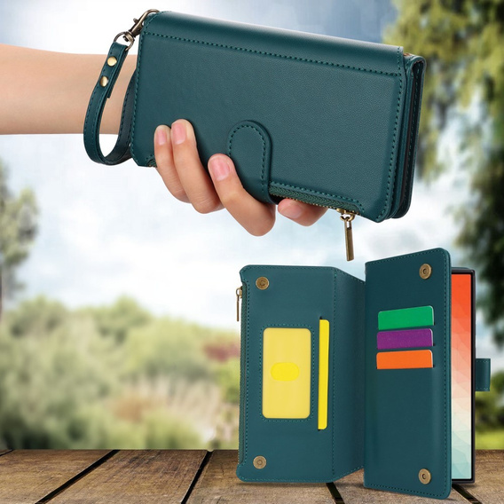 Klapkové puzdro pre Samsung Galaxy S24 Ultra, Wallet Zipper Pocket RFID, s popruhom cez rameno, čierne