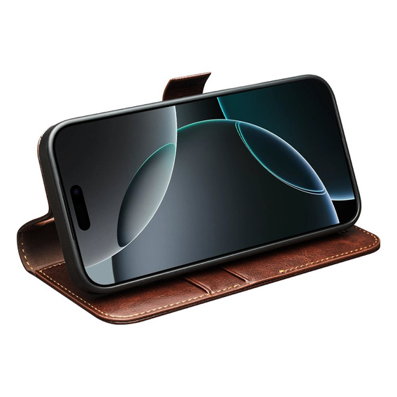 QIALINO Flipové puzdro z pravej hovädzej kože pre iPhone 17 Pro Max, hnedé
