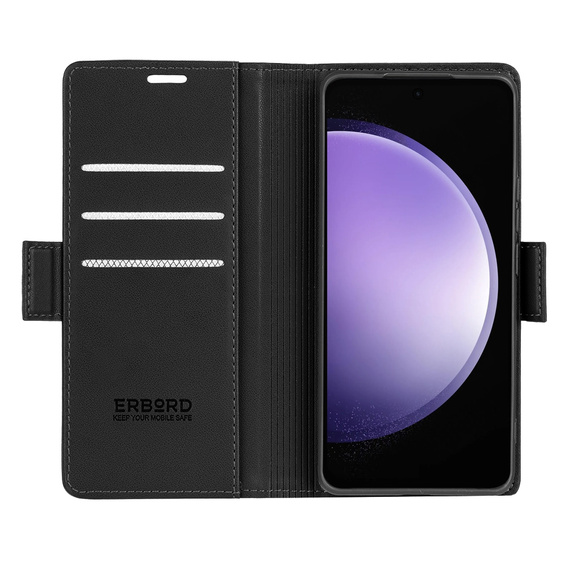 Puzdro pre Samsung Galaxy S23 FE, ERBORD Glossy Litchi, flipová peňaženka, čierne